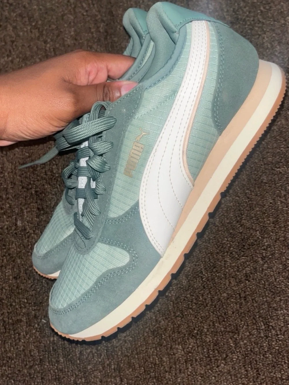 Puma Women's Mint Green Lace-Up Sneakers with Pale Pink Accent